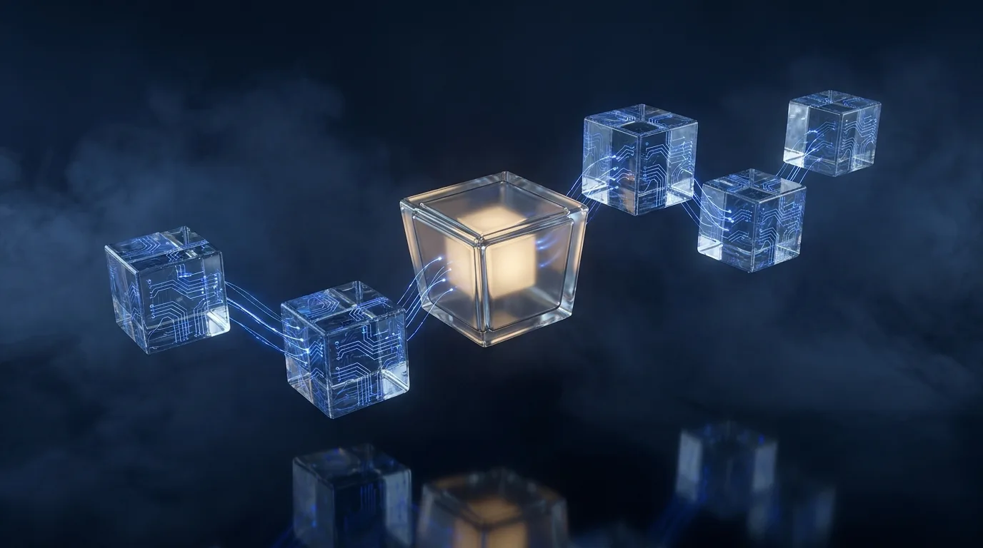 Chain of interlocking glass blocks lit with blue circuitry, one keystone block glowing gold