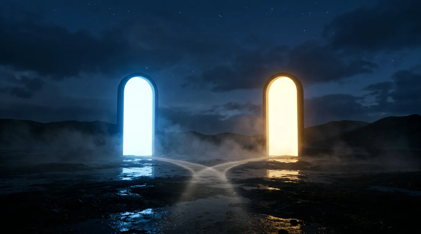 Two distant doorways of light, one blue and one gold, with a path splitting toward both